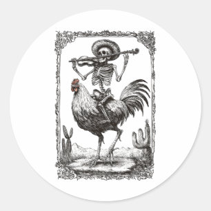 Sticker Rond Skeleton Mariachi Bynd Rooster Mexique Fiesta Cinc
