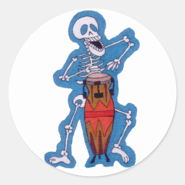 Sticker Rond Skeleton Musicien Skeleton Drummer Jouer Conga Dru (Devant)