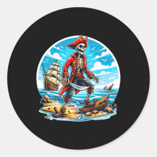 Sticker Rond Skeleton Pirate Tee Skull Halloween Skeleton Pirat
