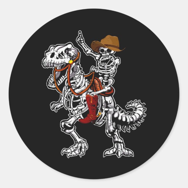 Sticker Rond Skeleton Rides Dinosaures Skeleton Cowboy Bone Hal (Devant)