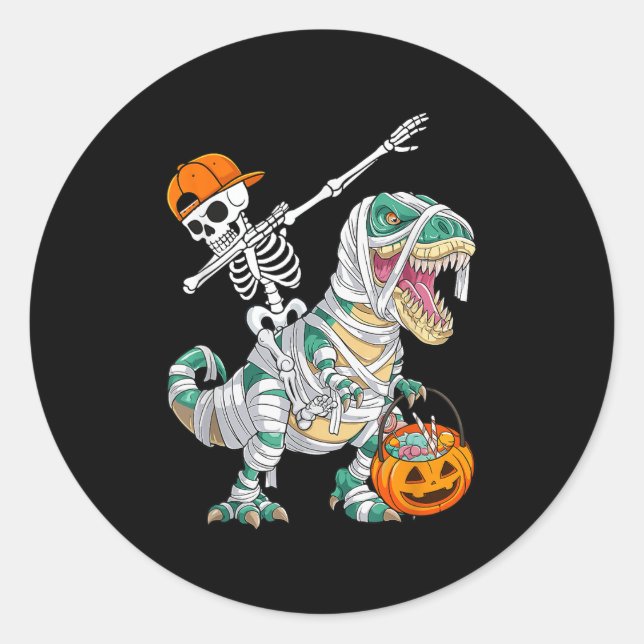 Sticker Rond Skeleton Riding Dancing Dab Dinosaur T Rex Hallowe (Devant)