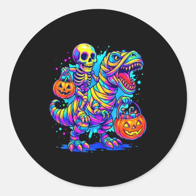 Sticker Rond Skeleton Riding Mummy Dinosaur T Rex Halloween Fun (Devant)