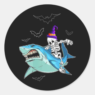 Sticker Rond Skeleton Riding Shark Funny - Cadeau d'Halloween f