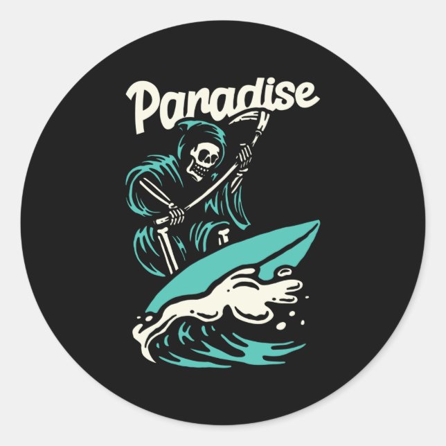 STICKER ROND SKELETON SURF AU PARADIS (Devant)