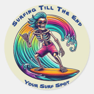 Sticker Rond Skeleton Surfer En Vague