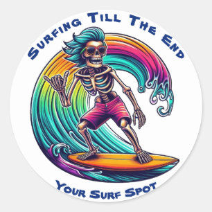 Sticker Rond Skeleton Surfer En Vague