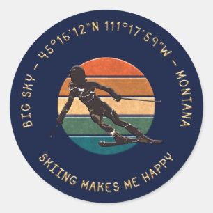 Sticker Rond Ski Big Sky, Montana - Femme Skier, Texte D'Or