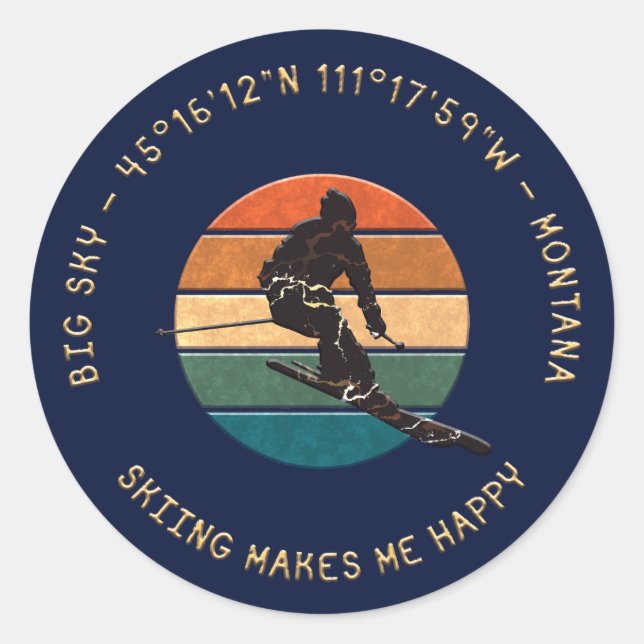 Sticker Rond Ski Big Sky, Montana - Man Skier, Texte D'Or (Devant)