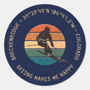 Sticker Rond Ski Breckenridge, Colorado - Man Skier Texte d'or