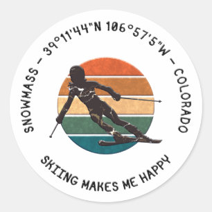 Sticker Rond Ski de masse, Colorado - Femme Skier, Texte noir