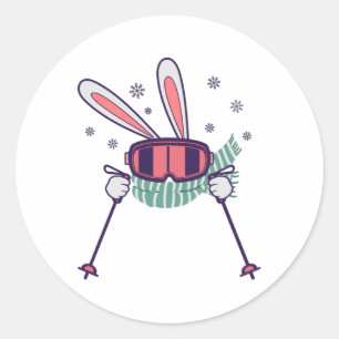 Sticker Rond Ski lapin avec bâtons de ski lunettes de ski et éc