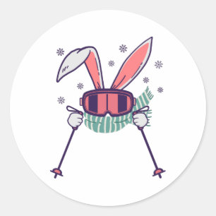 Sticker Rond Ski lapin avec bâtons de ski lunettes de ski et éc