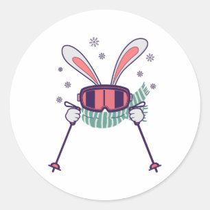 Sticker Rond Ski lapin avec bâtons de ski lunettes de ski et éc