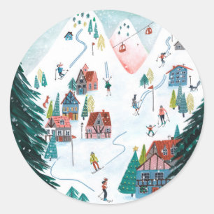 Sticker Rond Ski lodge nordique patinage Noël