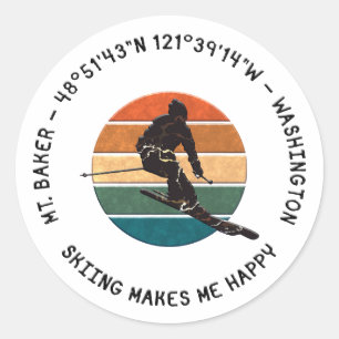 Sticker Rond Ski Mt. Baker, Washington - Man Skier, Texte noir