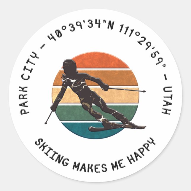 Sticker Rond Ski Park City, Utah - Femme skieuse, Texte noir (Devant)