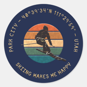 Sticker Rond Ski Park City, Utah - Man Skier Golden Text