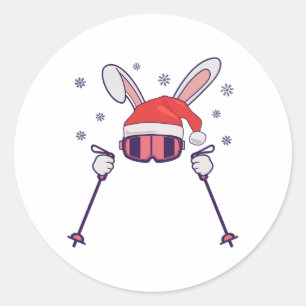 Sticker Rond Ski Père Noël Rabbit avec Santa Hat et bâtons de s