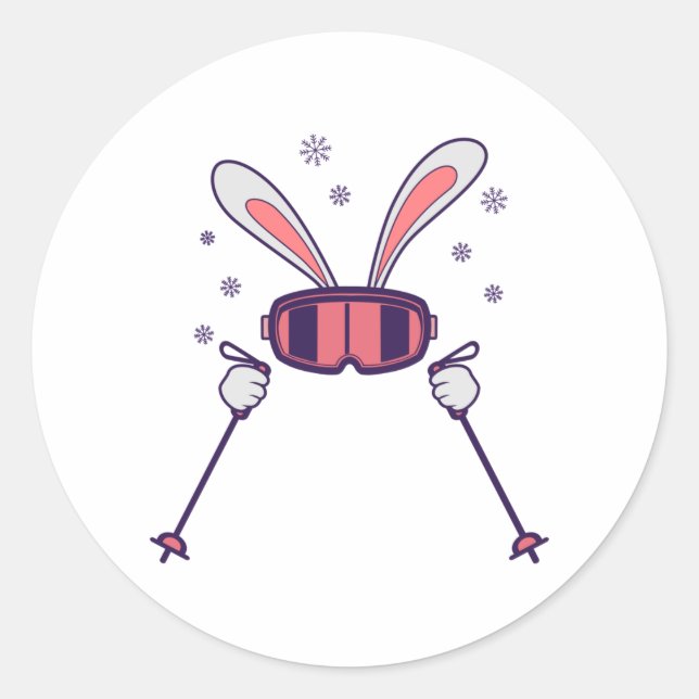Sticker Rond Ski Rabbit avec bâtons de ski et lunettes de ski (Devant)