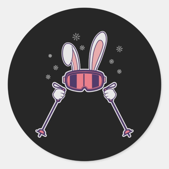 Sticker Rond Ski Rabbit avec bâtons de ski et lunettes de ski (Devant)