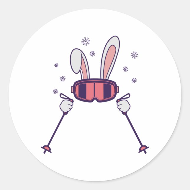 Sticker Rond Ski Rabbit avec bâtons de ski et lunettes de ski (Devant)