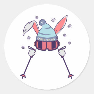 Sticker Rond Ski Rabbit avec bâtons de ski ski lunettes de ski 