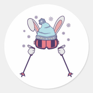 Sticker Rond Ski Rabbit avec bâtons de ski ski lunettes de ski 