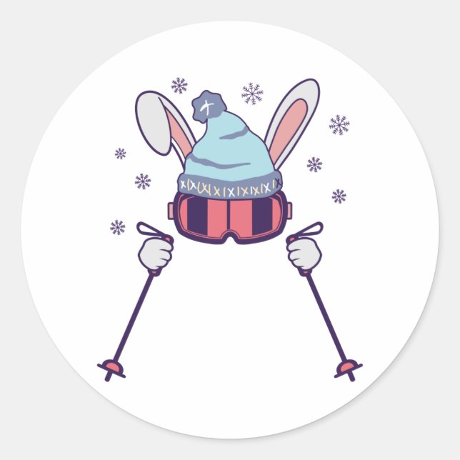 Sticker Rond Ski Rabbit avec bâtons de ski ski lunettes de ski  (Devant)