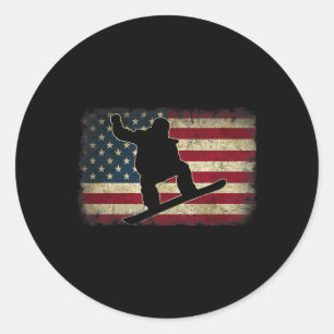 Sticker Rond Ski Snowboard Snowboardeur Américain Drapeau Vinta