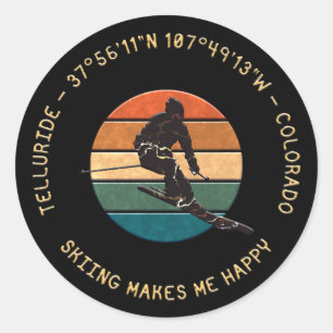 Sticker Rond Ski Telluride, Colorado - Man Skier, Texte D'Or