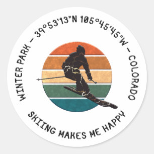 Sticker Rond Ski Winter Park, Colorado - Man Skier, Texte noir