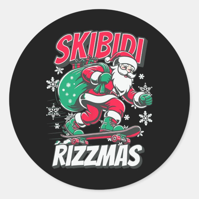 Sticker Rond Skibidi Rizzmas Funny Père Noël Rizz Patinage de N (Devant)