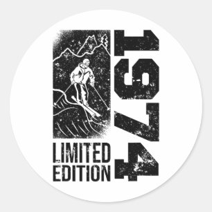 Sticker Rond Skieurs Skieur Vintage Né 1974 Anniversaire Ski Sk