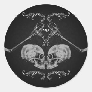 Sticker Rond "Skull in Love" Skeletons Vintages Mariage noir