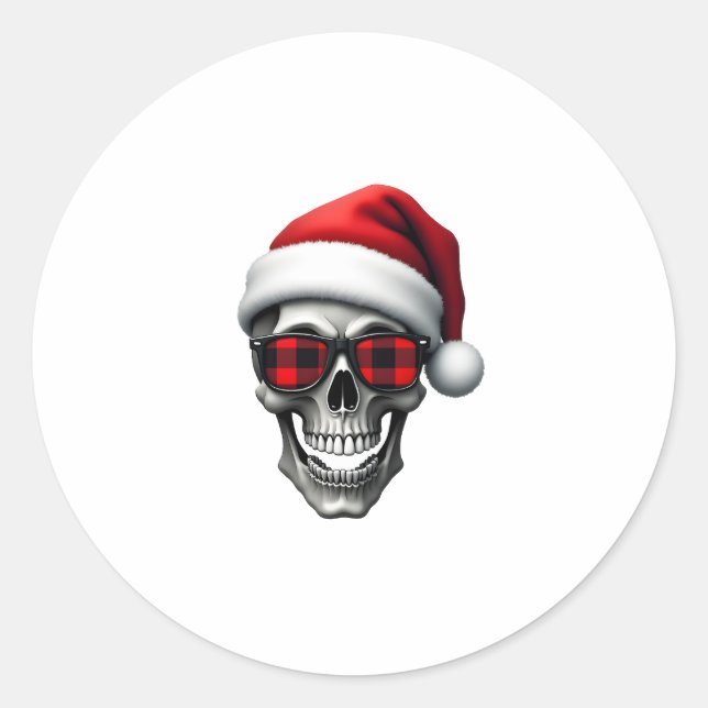 Sticker Rond Skull Plaid Santa Hat Christmas Pajama Cool Skelet (Devant)