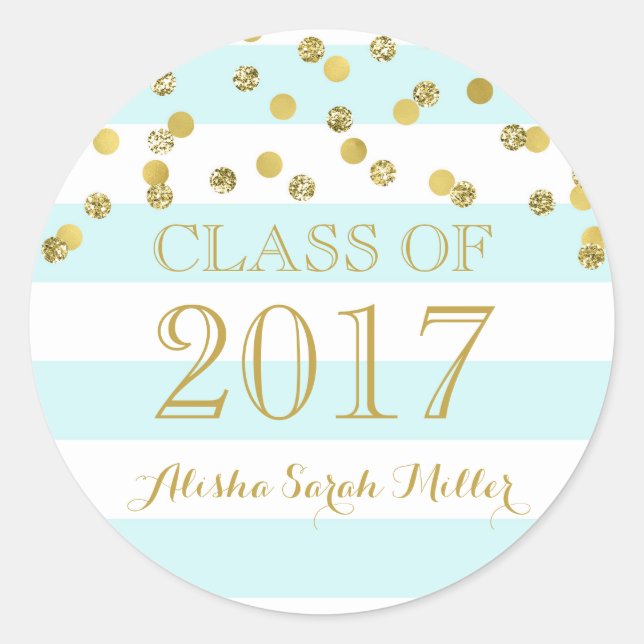 Sticker Rond Sky Blue Stripe Gold Confetti Graduation 2017 (Devant)