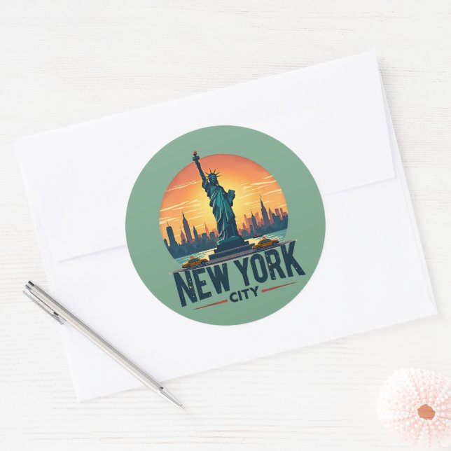 Sticker Rond Skyline de New York avec Statue de la Liberté (Enveloppe)