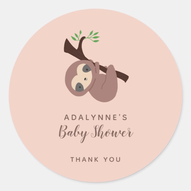 Sticker Rond Sloth Baby shower Genre Neutre Script Brown mignon (Devant)