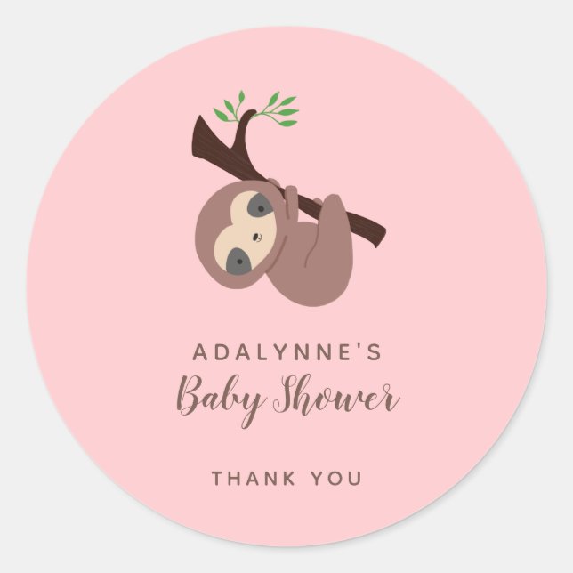Sticker Rond Sloth Baby shower Girl Rose Script Brown mignon (Devant)
