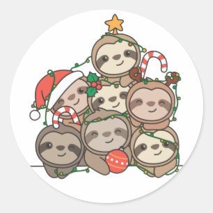 Sticker Rond Sloth Christmas Tree Funny Animal Christmas Classi