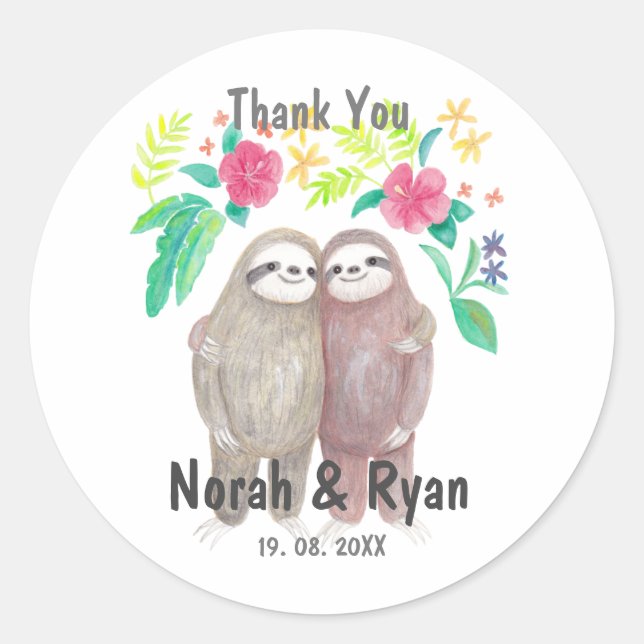 Sticker Rond Sloth Couple Tropical Unique Mariage Personnalisé  (Devant)