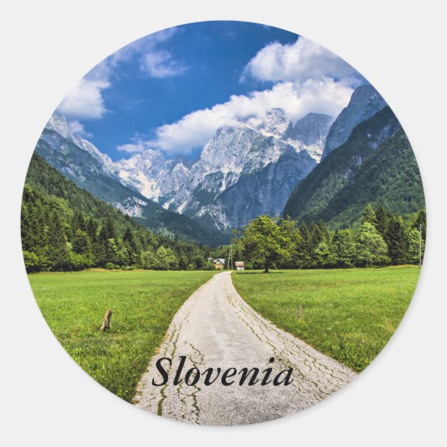 Sticker Rond Slovénie, photo pittoresque avec Alpes (Devant)