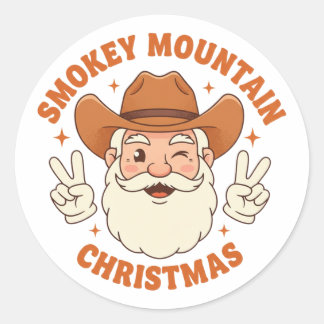 Sticker Rond Smokey Mountain Christmas Retro Cowboy Santa