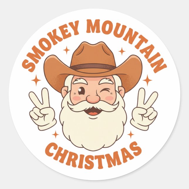 Sticker Rond Smokey Mountain Christmas Retro Cowboy Santa (Devant)