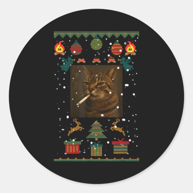 Sticker Rond Smoking Cat Cigarette Meme Sarcasm Ugly Christmas  (Devant)
