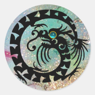 Sticker Rond SNAKE DRAGON , noir , bleu aquamarine