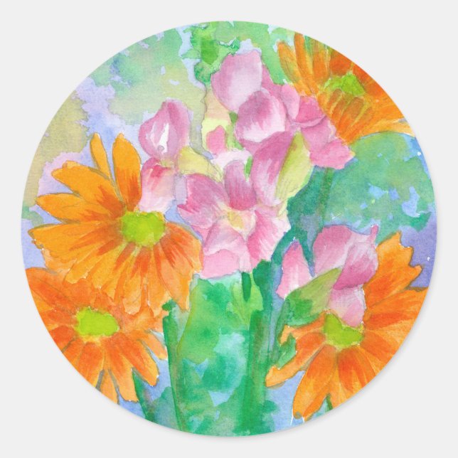 Sticker Rond Snapdragons de marguerite Aquarelle Orange Fleurs  (Devant)