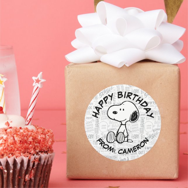 Sticker Rond Snoopy on Black White Comics | Joyeux anniversaire (Fête)