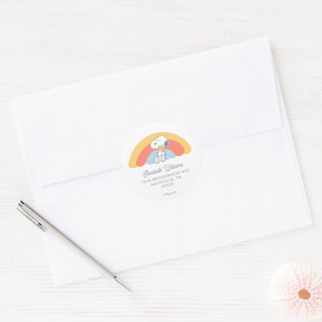 Sticker Rond Snoopy & Woodstock Rainbow Baby Shower Classic Rou (Enveloppe)
