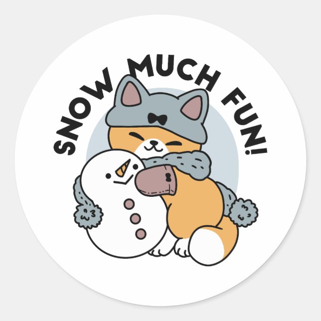 Sticker Rond Snow Much Fun Cat Winter Holiday Design (Devant)